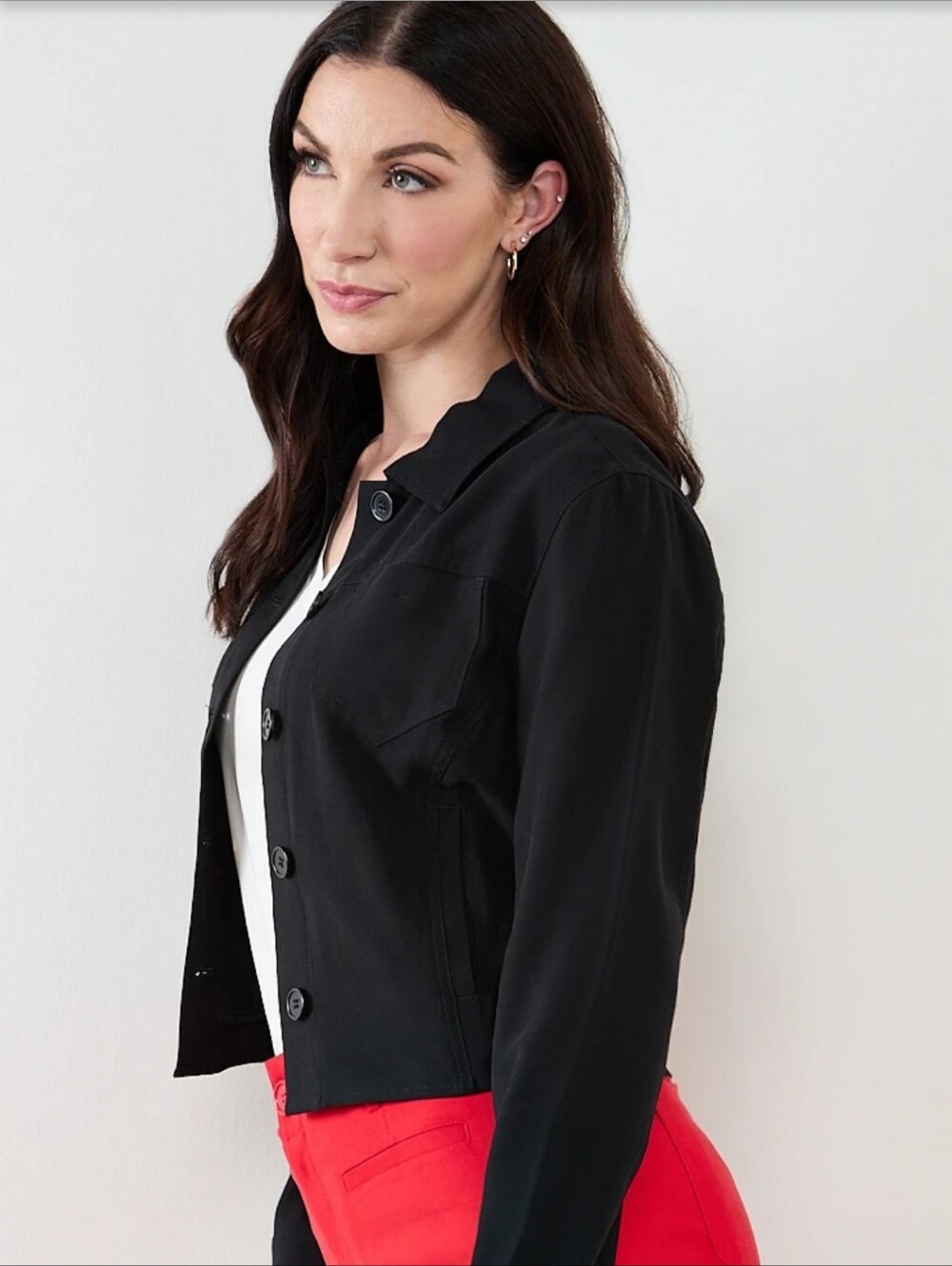 Cleo Black Cropped Button-Front Jean Jacket.Strech Size Medium - Picture 11 of 13